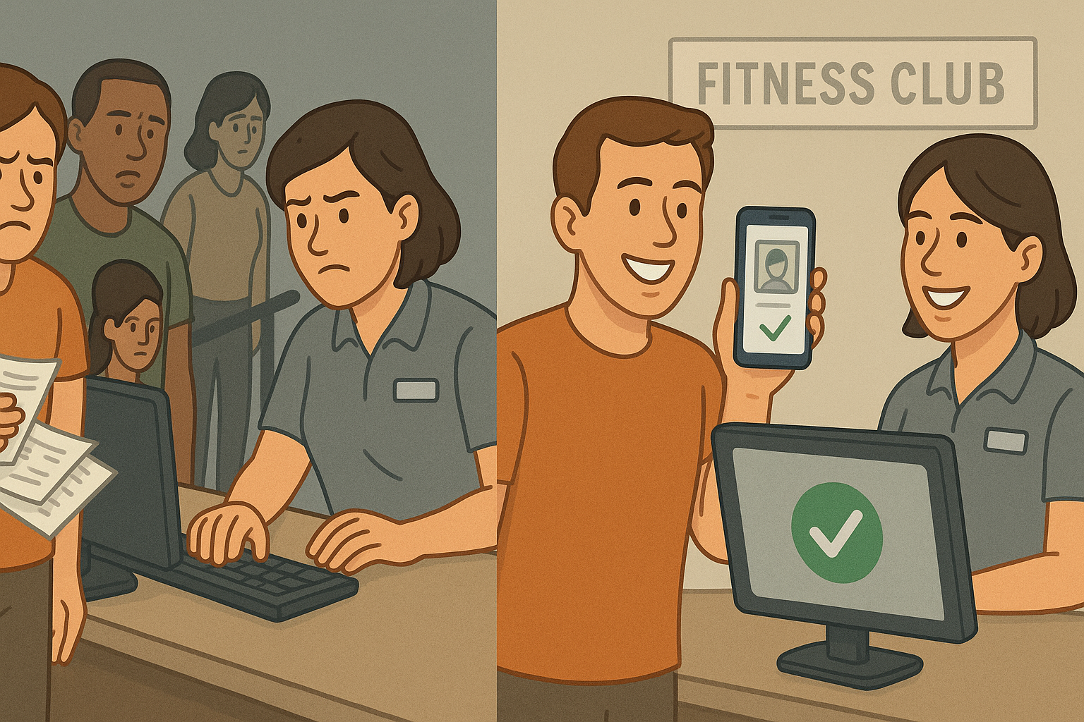 From onboarding friction to a frictionless experience Split-screen showing customer onboarding transformation: Left side depicts a frustrated customer in a long queue at a fitness club reception desk, holding multiple documents while a stressed employee manually types information. Right side shows the same customer smiling, simply holding up their phone to scan their ID, with a green checkmark appearing instantly on both the phone and reception screen.