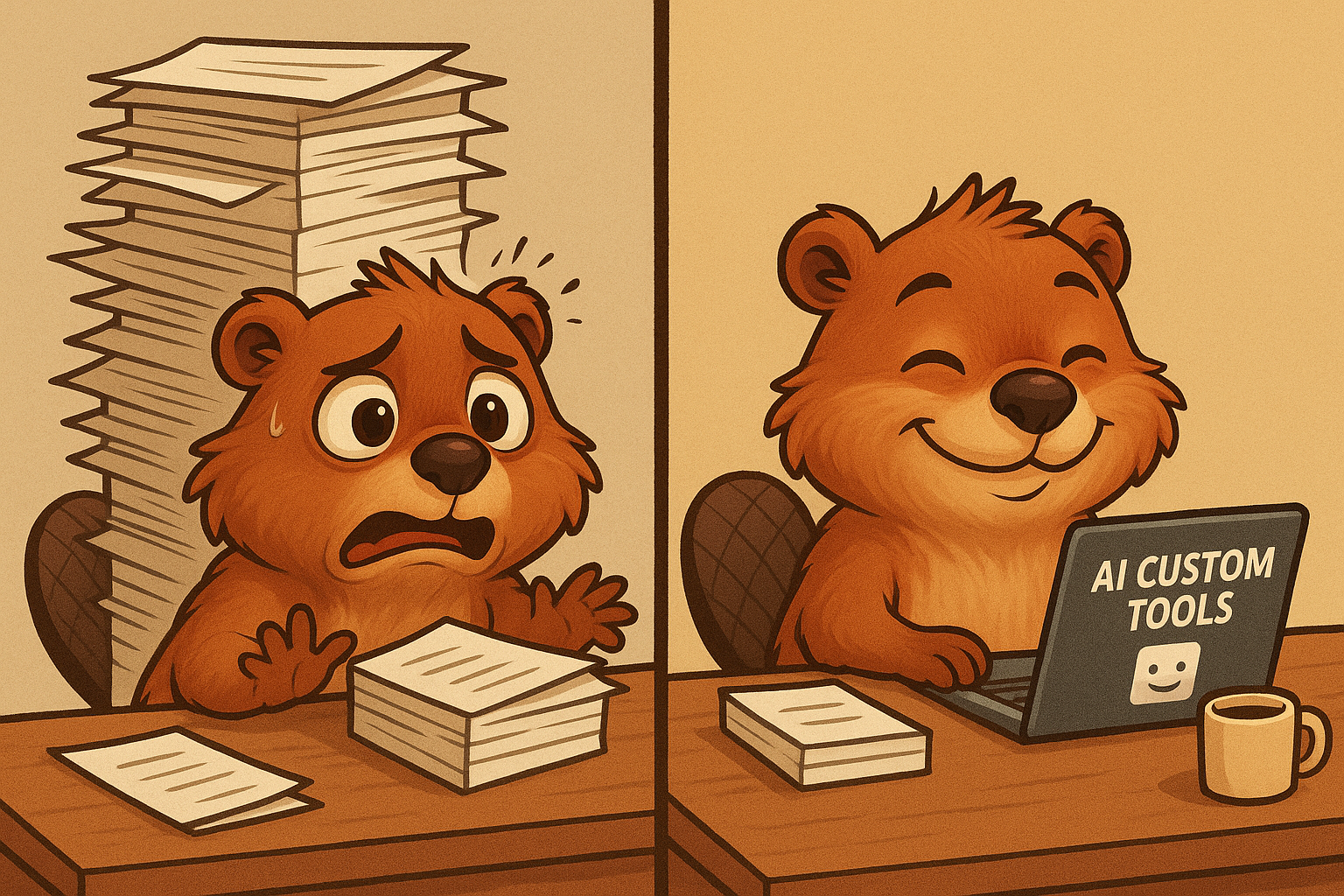 Before: Drowning in paperwork. After: Effortless automation. Split screen showing a frustrated person at a desk piled with papers vs a relaxed person with a clean desk and a graph showing costs going down.