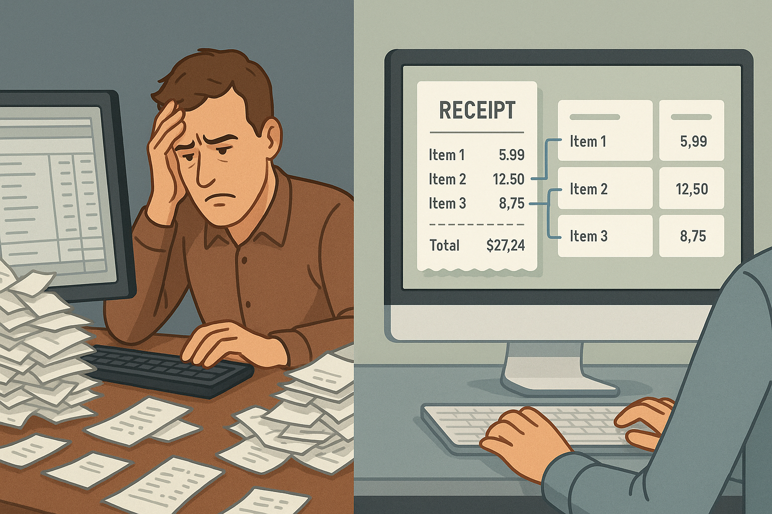 Before: Manual SKU mapping hell. After: Automated inventory clarity. A split image showing the contrast between manual retail receipt processing and automated AI processing. On the left, a cluttered desk with stacks of paper receipts and a frustrated person manually entering data into a computer. On the right, a clean, modern interface showing digital receipts being automatically processed, with line items being extracted and mapped to a structured database with green checkmarks, representing efficiency and cost savings.