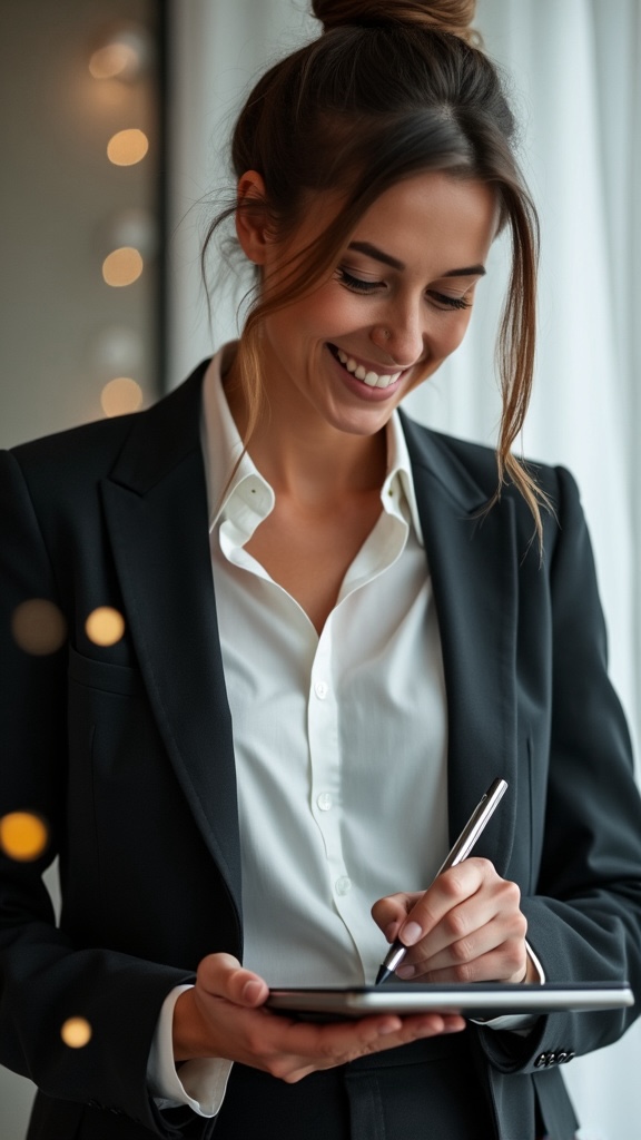 A happy client signing a real estate contract on a tablet