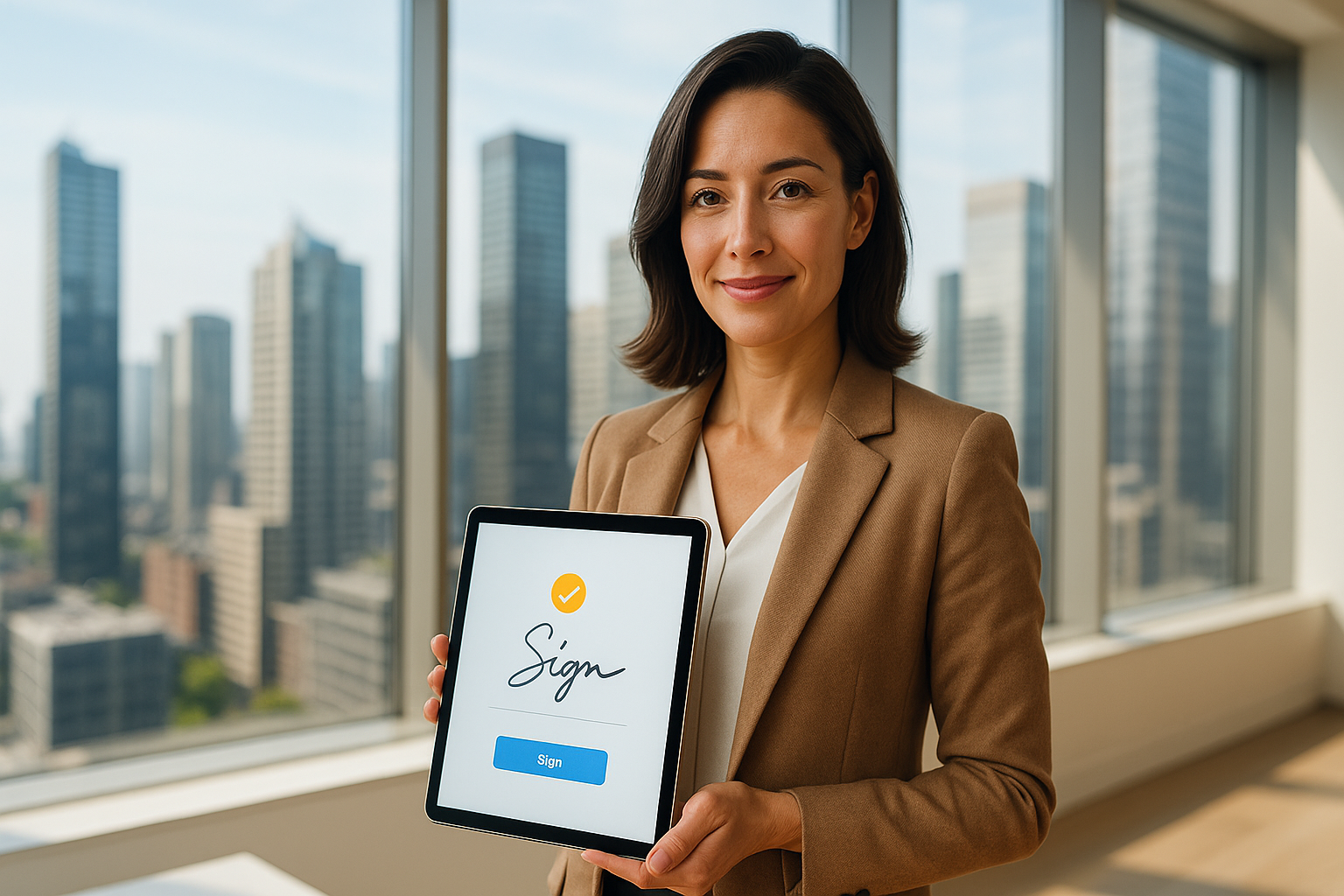 A confident real estate agent using a cost-effective document signing solution on a tablet.